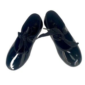 Danskin Freestyle Black Patent Tap Shoes Strap and Bow Tie Close Size 10 Toddler